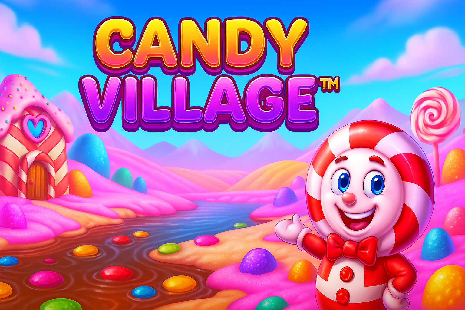 Ilustrasi digital Candy Village™ menampilkan dunia penuh permen warna-warni, bukit gula, sungai cokelat, dan karakter manis dari Pragmatic Play.